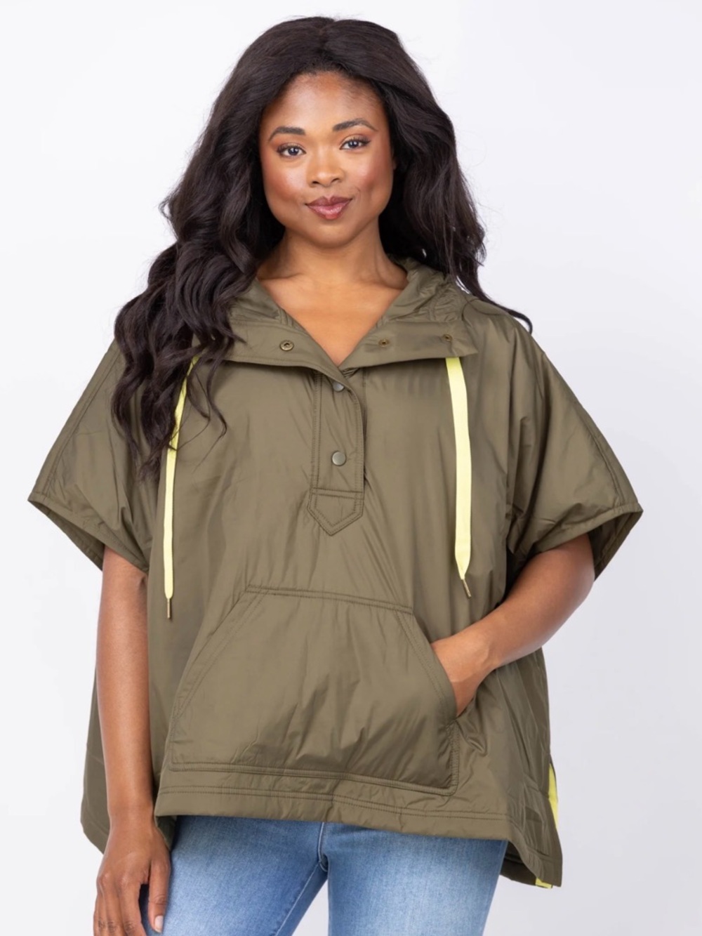 Lilla P Olive Green Short-Sleeve Hooded Anorak with Yellow Drawstrings